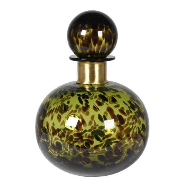 Round Green Speckled Bottle with Gold Neck